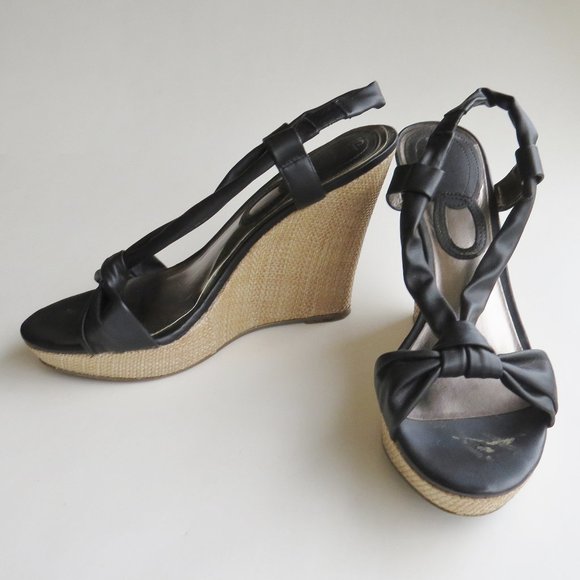 Charles David Knotty BLACK SANDALS Platform Rattan Wedge Heel Slingback 9 M - Picture 5 of 11
